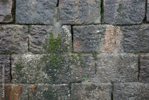 Close-up of an aged stone block wall featuring rough textures, natural weathering, and moss growth. Rustic architectural background ideal for construction, history, and design projects.