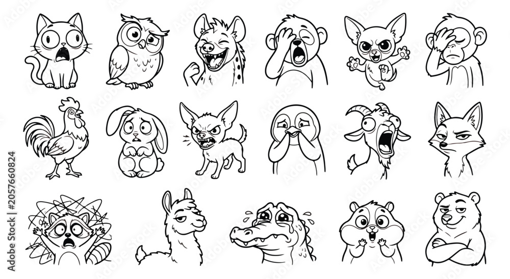 Naklejka premium Funny animal emoji stickers, 18 cartoon character icons, black and white line art vector set