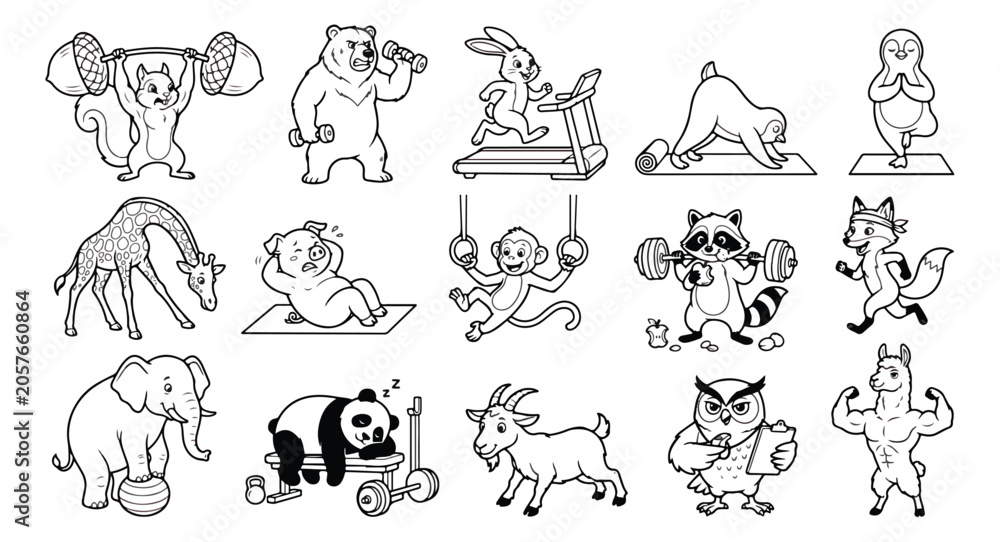 Fototapeta premium Cartoon fitness animals coloring page, 15 workout animal icons, black and white gym vector set