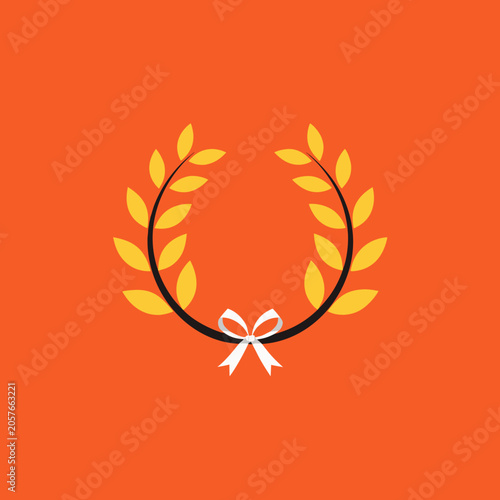 Winner's laurel wreath with bow on bright orange background, perfect for awards