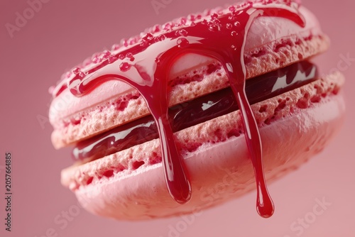 Macaron Drenched in Raspberry Syrup: A delicate pink macaron, filled with chocolate and drizzled with vibrant raspberry syrup, glistens against a soft pink backdrop.