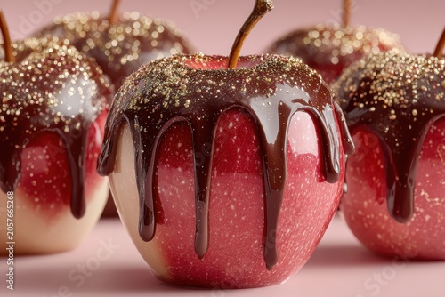 Gourmet Chocolate Apples: A close-up view of luscious red apples coated in rich dark chocolate, adorned with a sprinkle of gold dust, hinting at a decadent treat.