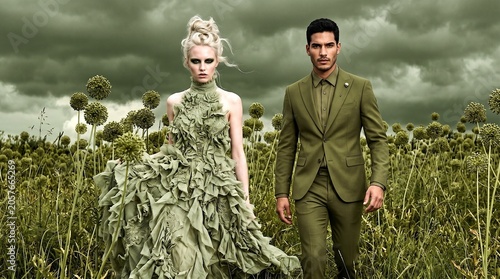 Ethereal Green Couture Fashion in Overcast Field