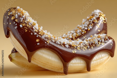 Chocolate-Drizzled Bananas: A decadent dessert featuring two ripe bananas halves coated in rich.