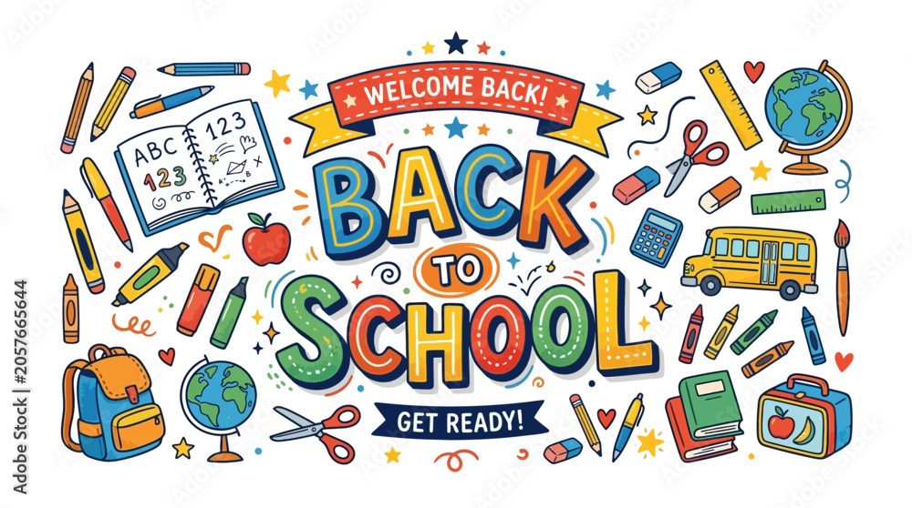 Fototapeta premium Back to School Greeting with Colorful School Supplies and Text