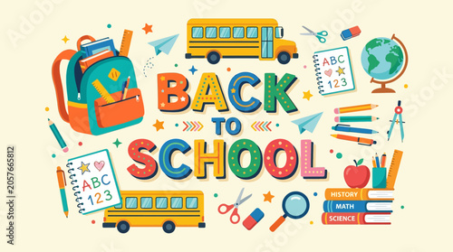 Back to School Supplies, Yellow Buses, Backpack, Books, Education Theme