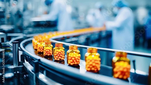 Automated conveyor belt moving bottles of pills in a modern pharmaceutical plant with lab technicians working in the background, representing the mass production of medicine and supplements