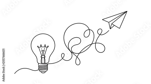 Single continuous line drawing of glowing light bulb connecting to origami paper airplane with innovation creativity business strategy