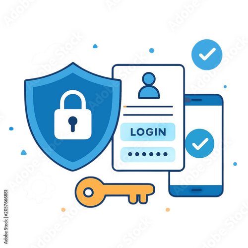Online security and login concept with shield, lock, and mobile phone
