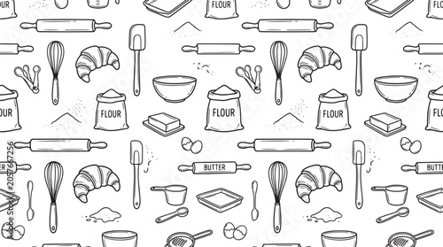 Baking seamless pattern with hand drawn kitchen tools flour bags and croissants in black and white vector