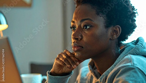 Woman deep in thought while working on laptop at night