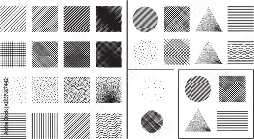 Collection of hand drawn geometric patterns and textures with hatching dots and lines in vector format