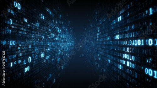 Digital information stream flows rapidly into a dark, infinite vanishing point