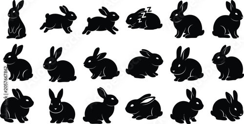 Set of cute rabbit silhouettes in various poses and actions with silhouette collection sleeping