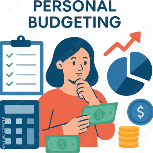 Woman thinking about personal budgeting with money and financial icons around her