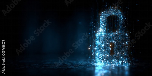 Glowing digital padlock formation illuminates a dark, mysterious background environment