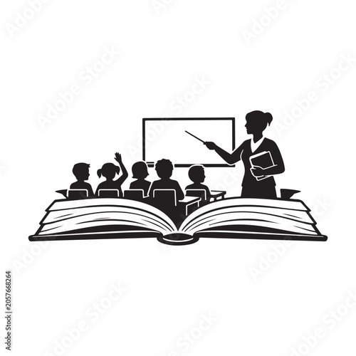 Open Book with Classroom Scene Outline Illustration