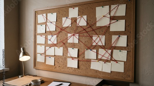 A Corkboard with Notes and Red Strings for Organization and Planning