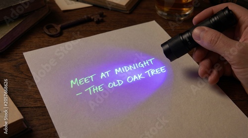 Mysterious Message on Paper Lit by Flashlight in Dark Setting