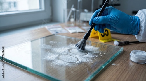 Forensic Analysis with Brush and Powder on Glass Surface in Laboratory Setting with Gloved Hand