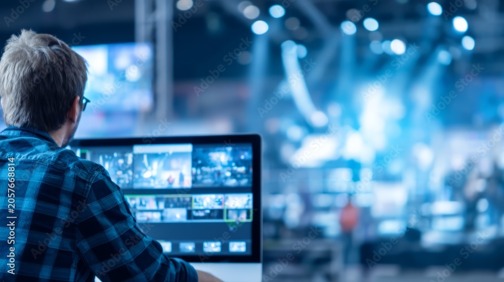 Fototapeta premium Man working on laptop with video editing software in modern studio space