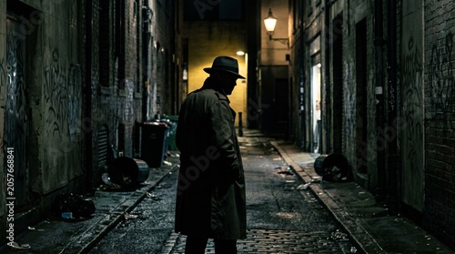 Dark Alley Scene with Mysterious Man in Coat and Hat at Night