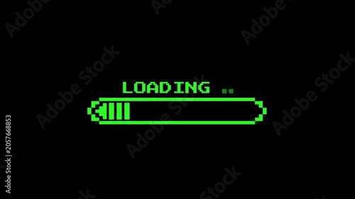 Green neon pixel art loading animation, 8-bit retro game start, download bar screen