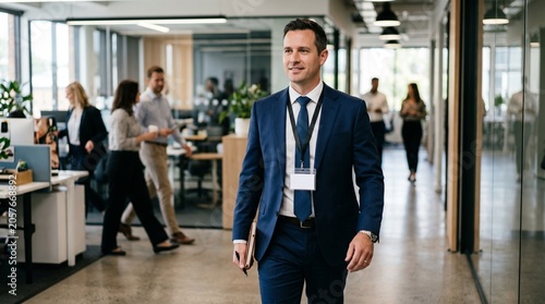 Businessman Walking in Modern Office Environment with Colleagues