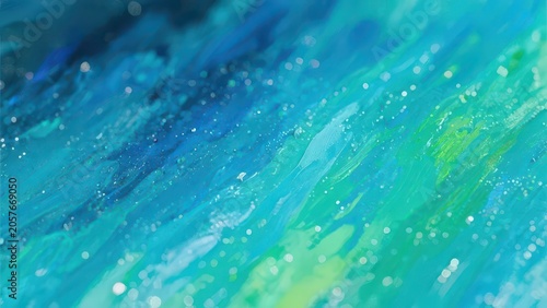 Mint cyan-blue fluid oil painting texture, covered with water droplets glitter and soft bokeh, fresh transparent healing abstract watercolor texture background material.