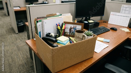 Office Desk with Cardboard Box Full of Belongings on Wooden Table