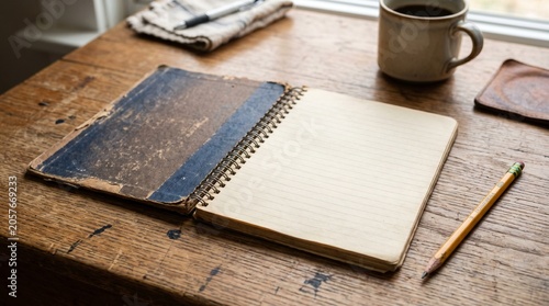 Vintage Notebook and Pencil on Wooden Desk with Coffee Cup