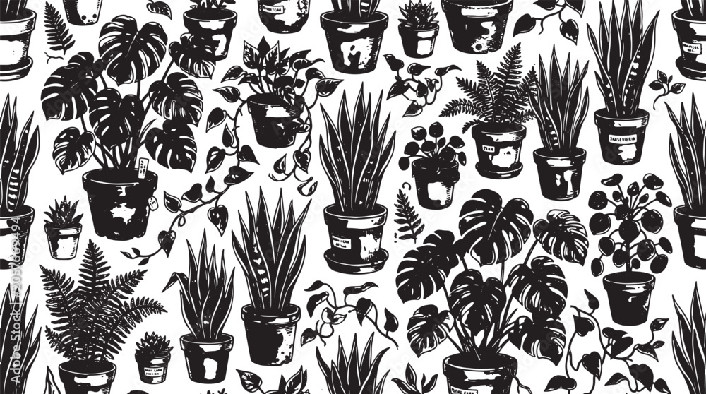 Fototapeta premium Seamless pattern of hand drawn potted houseplants including monstera and snake plants in black and white vector