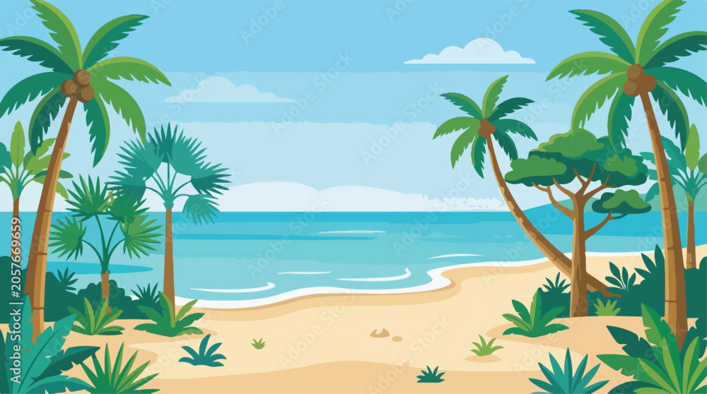Fototapeta premium Tropical Beach Vector with Palm Trees and Ocean Landscape