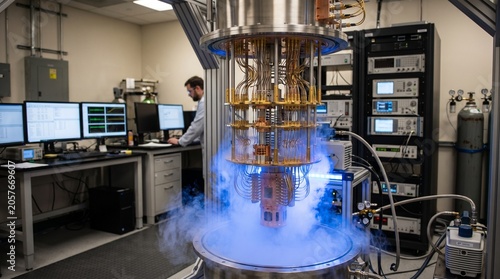 Cryogenic Laboratory Equipment with Scientist Working on Computers in Background