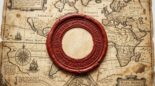Vintage Map with Red Wax Seal, Antique Carta Marina, Aged Parchment Background