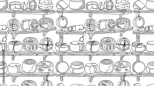 Seamless pattern of various cheese wheels on wooden shelves, hand drawn black and white vector illustration background