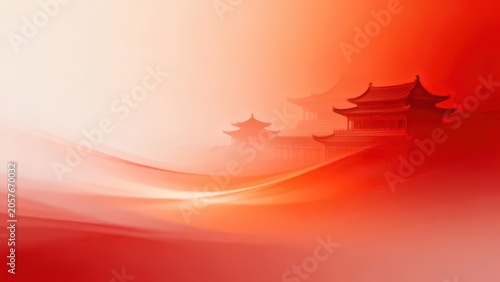 Warm orange misty Chinese palace illustration, blurred layered ancient upturned eaves architecture, soft gradient light, elegant minimalist traditional Chinese background material.
