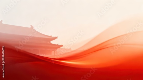 Warm orange misty Chinese palace illustration, blurred layered ancient upturned eaves architecture, soft gradient light, elegant minimalist traditional Chinese background material.