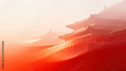 Warm orange misty Chinese palace illustration, blurred layered ancient upturned eaves architecture, soft gradient light, elegant minimalist traditional Chinese background material.