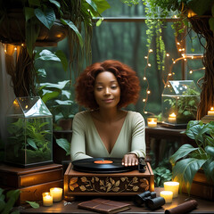Smiling woman with curly red hair enjoying music on a vintage record player surrounded by lush plants and fairy lights transparent background