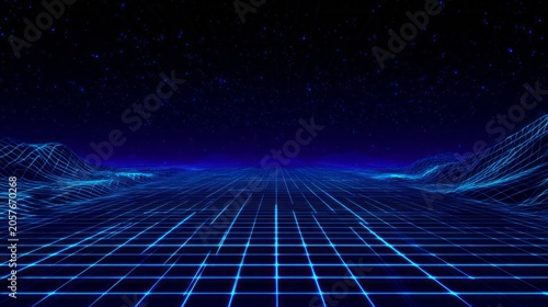 Glowing digital grid terrain stretches toward a starry cosmic horizon