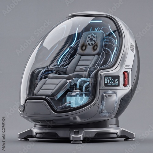 Futuristic sci-fi immersion pod with glowing blue neon lights, advanced controls, and an ergonomic seat, ideal for virtual reality, AI, and deep mind exploration concepts.