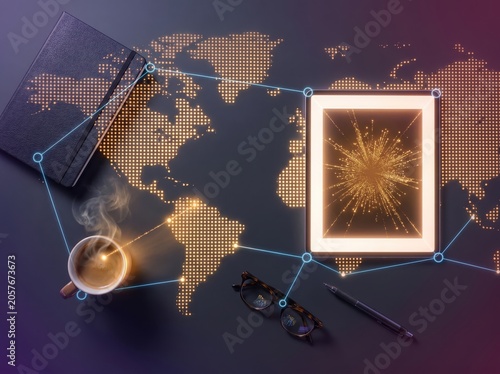 Tablet with glowing network nodes on world map data--infrastructure