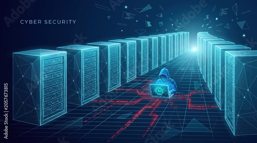 Hacker with laptop in server room network infrastructure