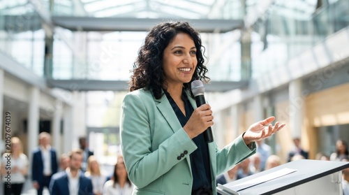 Corporate Leadership Concept: Poised Indian Female Executive Speaking with Microphone in Bright Atrium