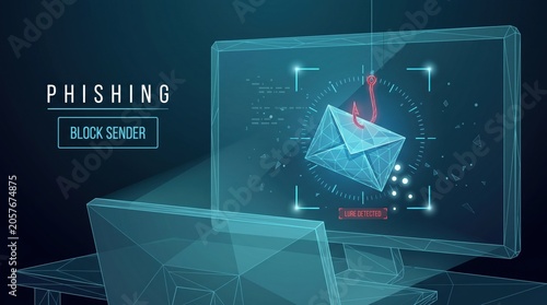 Wireframe envelope caught on hook monitor screen cyber security threat detection