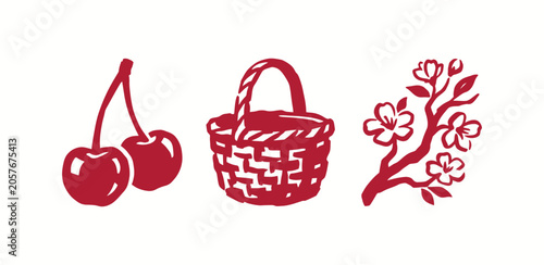 Obraz na plátně Cherry festival icons featuring fresh fruit a wicker basket and spring blossom b