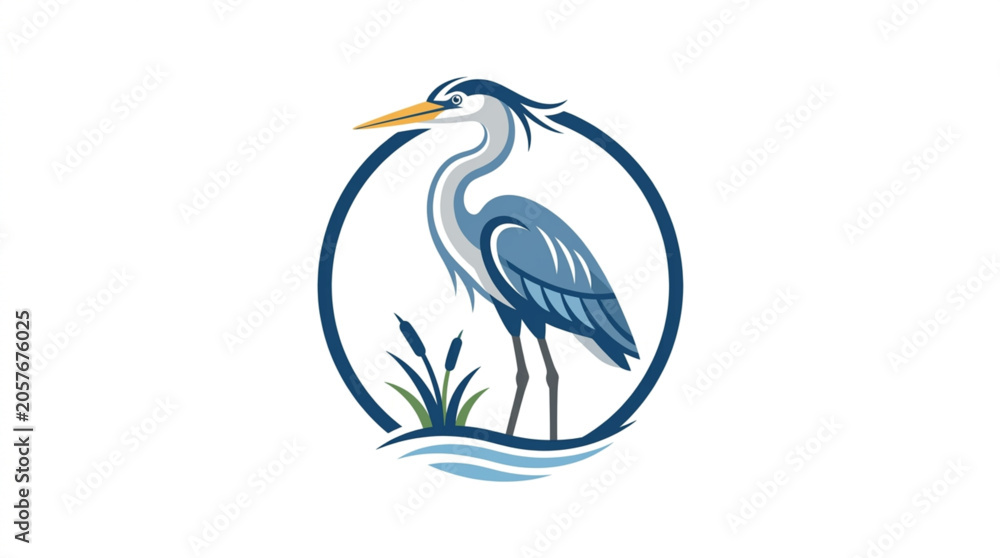Naklejka premium A stylized blue heron stands in calm water with reeds, depicted within a circular emblem against a clean white background, conveying a serene natural theme