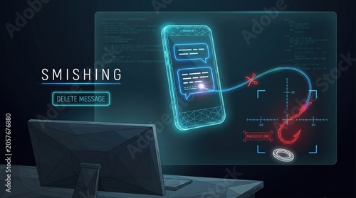 Smishing attack on smartphone with malicious link cybersecurity threat prevention