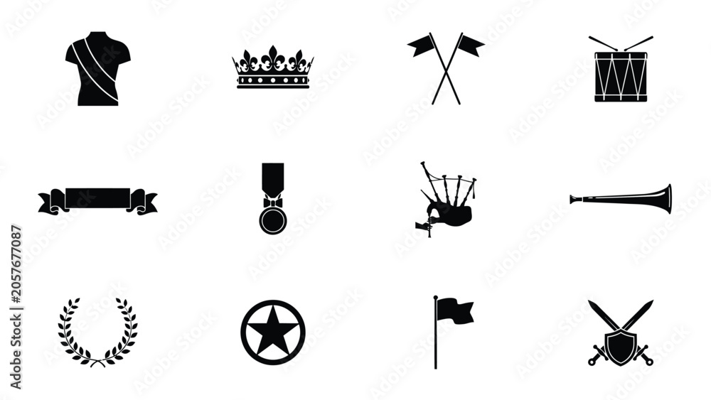 Fototapeta premium Military and ceremonial symbol icon set featuring crown medal flag and weapons silhouettes.